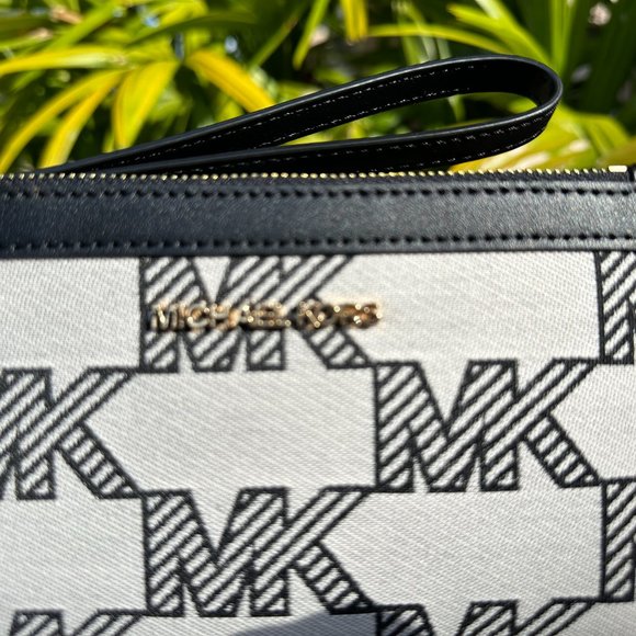 Michael Kors Jet Set Travel Large Double Zip Wallet MK Graphic Logo Beige Black - Picture 10 of 10